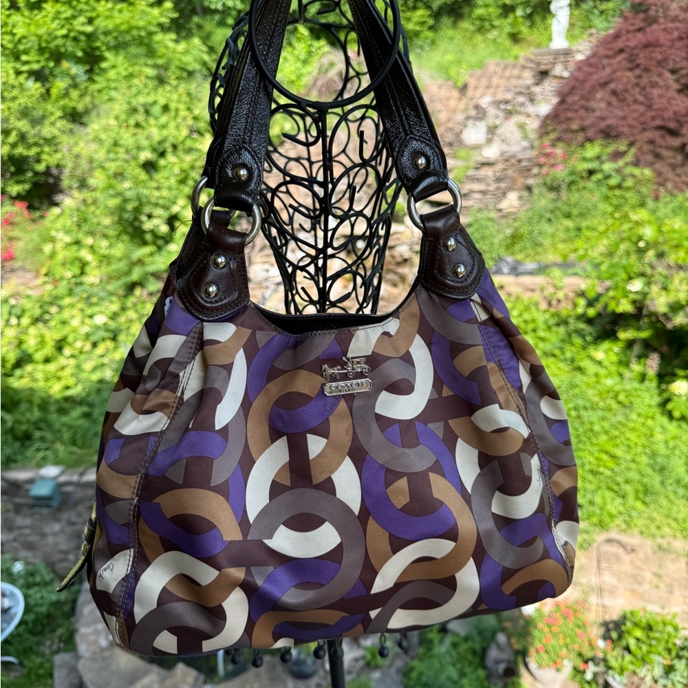 Coach Optic Legacy Hobo Shoulder Bag – Brown, Cream, & Purple Print